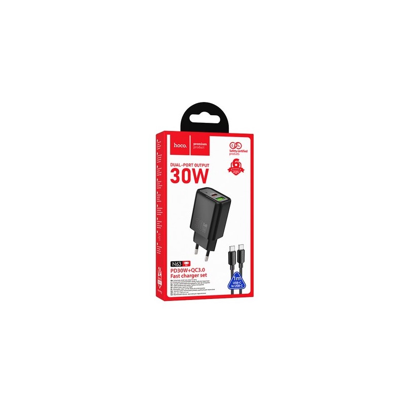 HOCO N63 PD30W+QC3.0 FAST CHARGER SE USB-C TO USB-C 1MT HOCO CARICA...