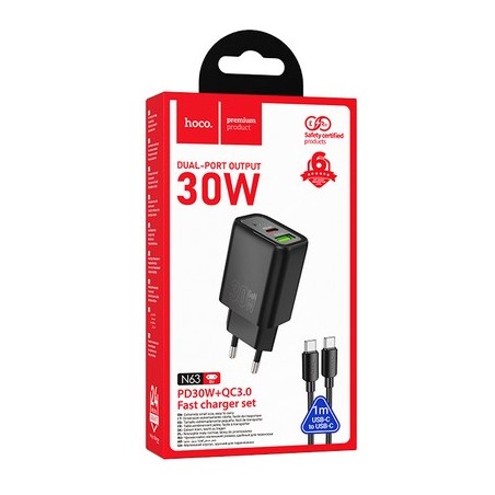 HOCO N63 PD30W+QC3.0 FAST CHARGER SE USB-C TO USB-C 1MT HOCO CARICA...