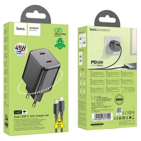 HOCO N42 ELOGIADO DUAL PORT 45W TYPE-C LIGHTNING BLACK HOCO CARICAB...