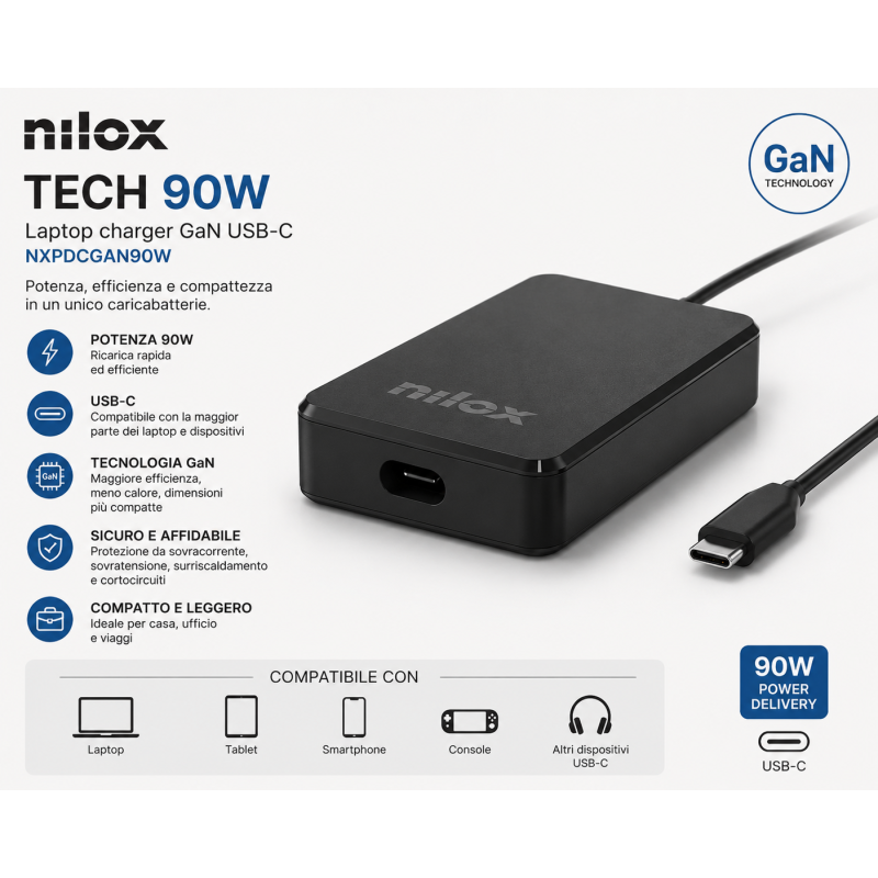NILOX TECH 90W Laptop charger GaN USB-C NXPDCGAN90W NILOX ALIMENTATORE