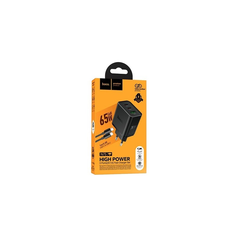 HOCO N75 SINGLE PORT 65W CARICATORE NERO CON CAVO TYPE-C HOCO CARIC...