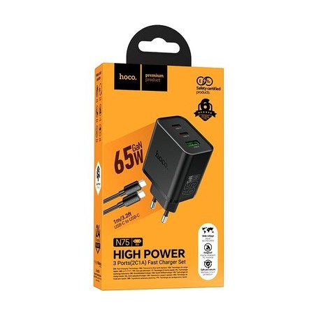 HOCO N75 SINGLE PORT 65W CARICATORE NERO CON CAVO TYPE-C HOCO CARIC...