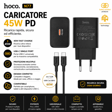 HOCO N77 SINGLE PORT 45W CARICATORE NERO CON CAVO TYPE-C HOCO CARIC...