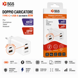 SGS CARICATORE USB-C 65W DOPPIO CARICATORE TYPE-C USB-A SGS CARICAB...