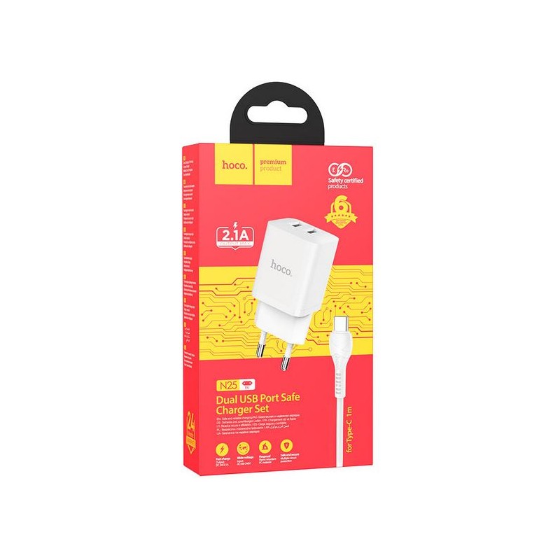 HOCO N25 DUAL PORT TYPE-C WHITE HOCO CARICABATTERIE HOCO N25 DUAL PORT TYPE-C WHITE HOCO CARICABATTERIE
